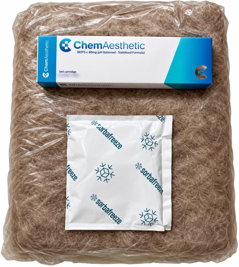 A pen box and frozen gel pack sealed inside an insulated envelope, as packed for dispatch