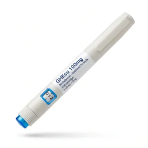 GHK-Cu 100mg pre-mixed research pen shown at an angle with the label facing up
